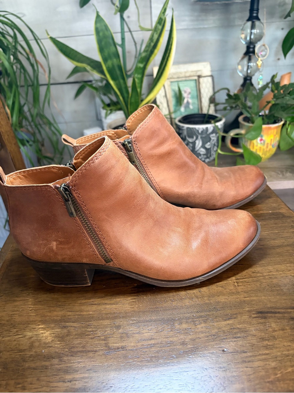 Lucky Brand Women's Tan Leather Ankle Booties with Side Zipper